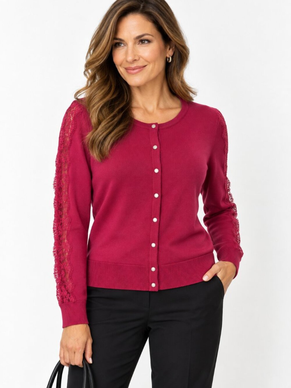 White House Black Market Cranberry Lace Sleeve Cardigan L